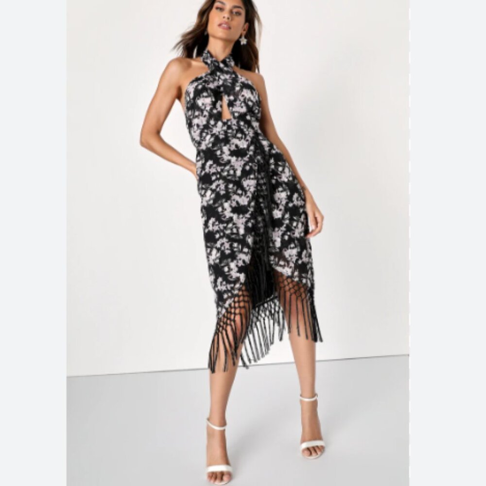 NWT Lulu's Black Floral Print Halter Neck Fringe Midi Dress